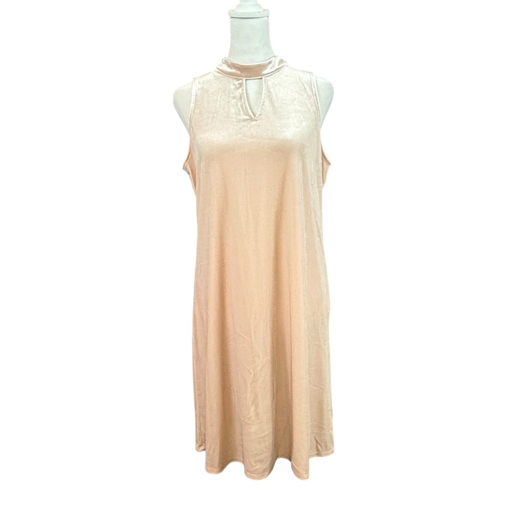 Velvet Shift Dress Women XL Pink Mock Neck Keyhole Sleeveless Midi Soft Fairy